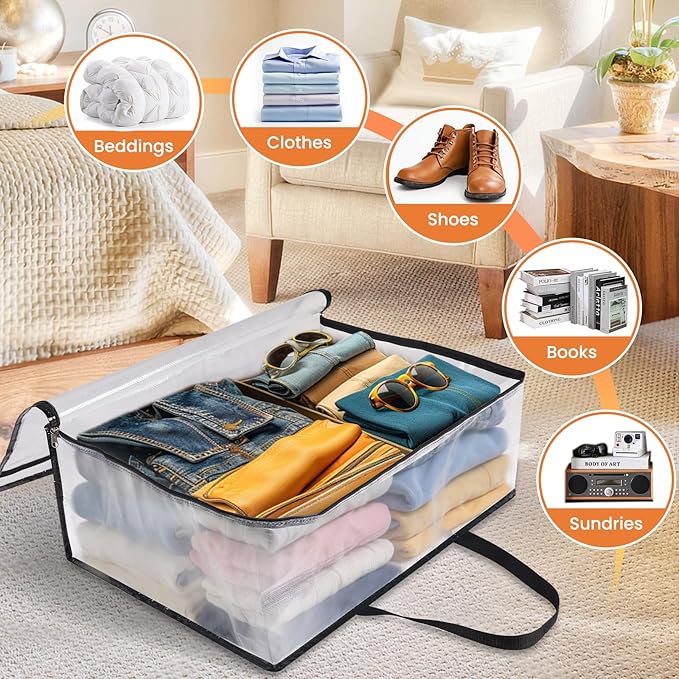 TasticTotes 4 Pack Clear Storage Bags for Comforter, Clothes & Bedding, Plastic Blanket Storage with Zipper and Handle, Moving Bags, Closet Organizer and Under-Bed Storage (60L)