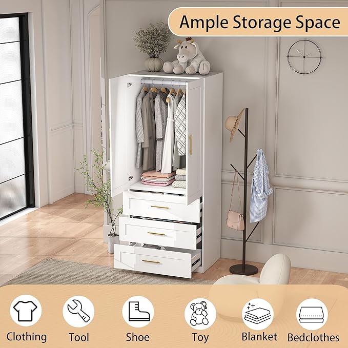 White Wardrobe with 2 Doors: 75" Tall Armoire Wardrobe Closet with 3 Drawers, Bedroom Armoires for Hanging Clothes, Wooden Closet Storage Cabinet with Shelves (Modern, 1)