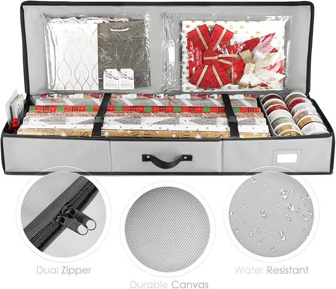 Hearth & Harbor Wrapping Paper Storage Container - Christmas Storage Bag with Interior Pockets - Gift Wrap Organizer Fits Up to 22 Rolls of 40" - Tear Proof, Silver