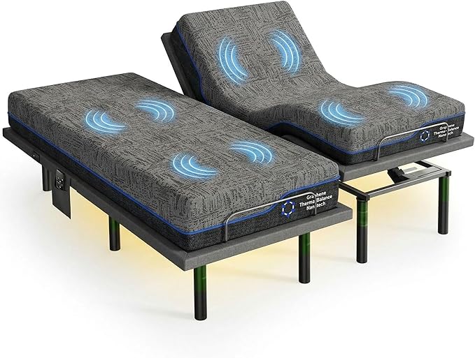 Marsail MS01-2 Split King Adjustable Base with Massage, Wireless Remote, 4 Adjustable Heights, Nightlight, 3 Minutes Fast Assembly