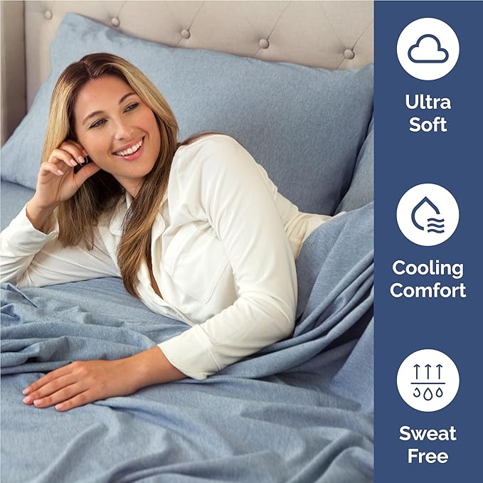 Full 6 Piece Sheet Set - Comfy, Breathable & Cooling - Soft Hotel Luxury Bedding for Women, Men, Kids, Teens and Children - 1 Flat & 1 Fitted Sheet & 4 Pillowcases with Deep Pockets - Heathered Blue