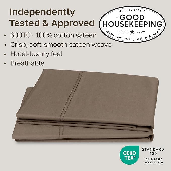 California Design Den Luxuriously Soft Premium 600 Thread Count, 100% Cotton Queen Pillowcases Set of 2, Crisp Standard Pillow Covers Fits Standard & Queen Pillows (Mushroom - Taupe Brown)