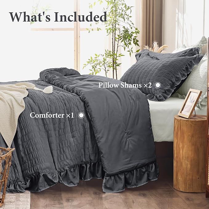 JOLLYVOGUE Dark Gray Queen Comforter Set, 3 Pieces Seersucker Bedding Comforter Sets, All Season Bed in a Bag Queen, Lightweight & Fluffy Queen Bedding Set with 1 Comforter, 2 Ruffle Pillowshams