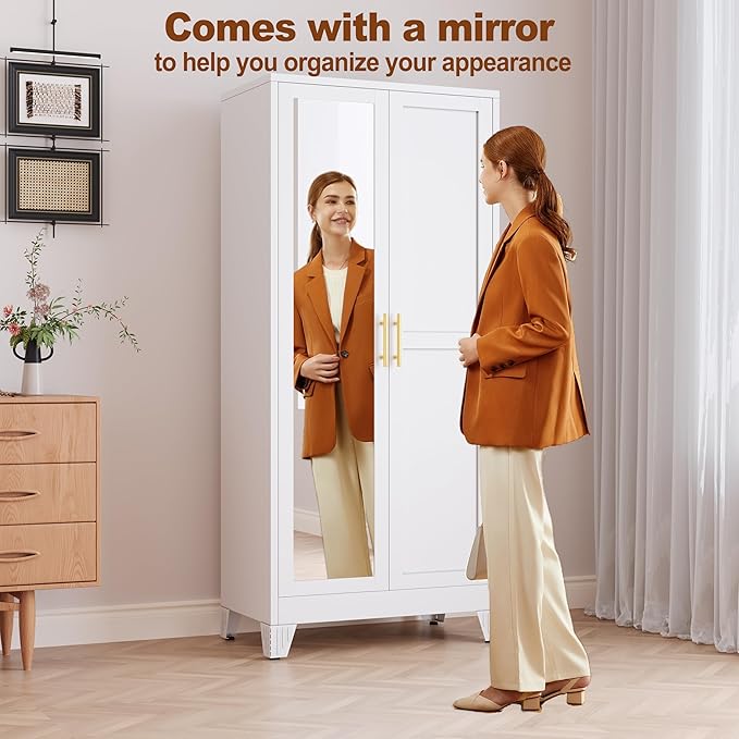 RIETERN Metal Armoire Wardrobe Closet, 71" Tall Bedroom Closet with Mirror, Adjustable Shelves, and Hanging Rod, Steel Clothes Closets and Storage, for Bedroom White