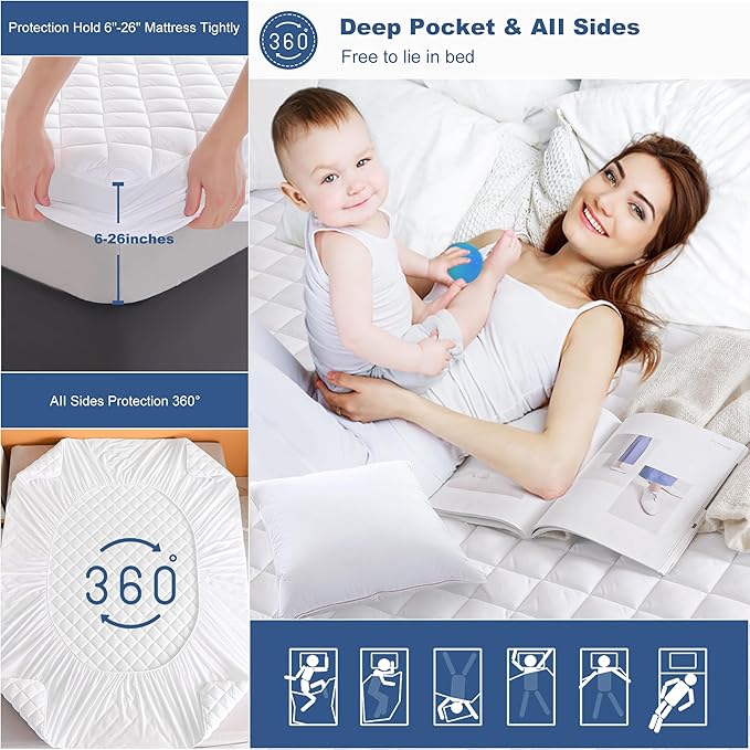 GRT RV King Mattress Pad, 100% Waterproof Breathable RV King Mattress Topper, Noiseless Hollow Cotton Mattress Protector, Fitted 8"-26" Deep, Dust Proof (72×80)