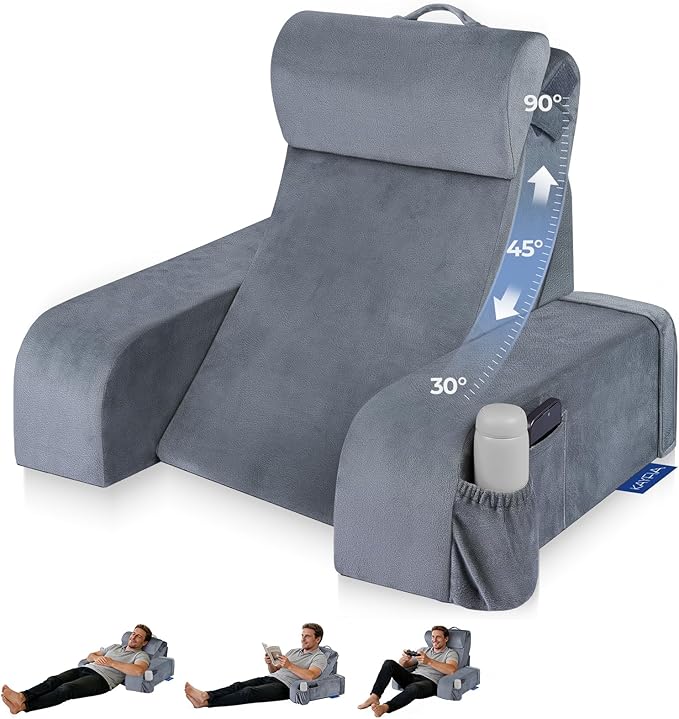 Reading Pillow with 30-90° Stepless Adjustable Angle & Height, 2 in 1 Back Wedge Pillow for Bed Sitting up with Detachable Arms Rest, Backrest Pillow for Reading/Gaming/Working in Bed or Couch, Large