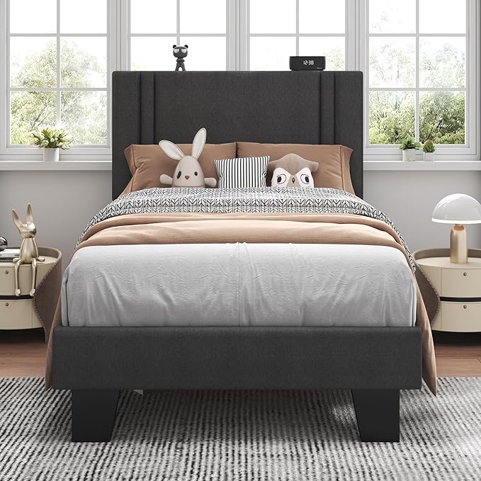 Feonase Twin Platform Bed Frame, Fabric Upholstered Twin Bed Frame, Solid Wood Slats & Heavy Duty Feet Support, No Box Spring Needed, Noise-Free, Easy Assembly, Dark Grey
