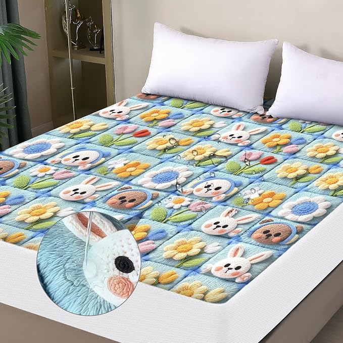 Twin Mattress Protector Waterproof, Fitted Sheet Style Breathable Mattress Cover with Deep Pocket Fits Up to 18'', Noiseless Bed Cover for Kids Adults Pets, Machine Washable (Squares, Twin)