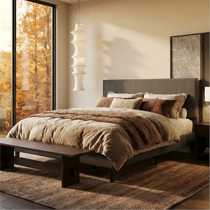 SHA CERLIN King Size Platform Bed Frame with Adjustable Headboard and Wooden Slats Support, Boucle Upholstered Mattress Foundation, No Box Spring Needed, Easy Assembly, Dark Grey