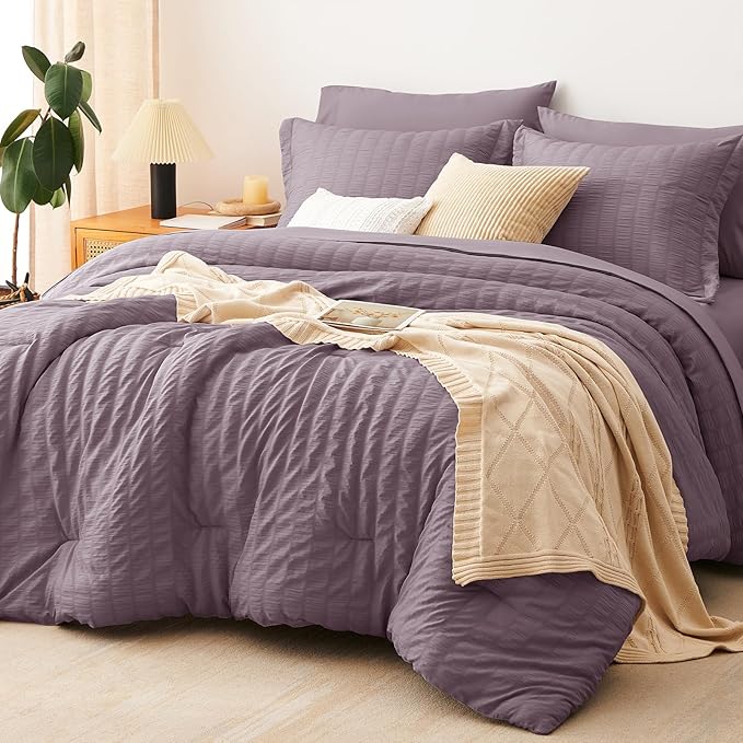 CozyLux Twin XL Comforter Set with Sheets Seersucker Dusty Purple 5 Pieces Bed in a Bag, Grayish Purple Twin Extra Long Bedding Sets College Dorm Down Alternative Comforter, Sheets, Pillowcase & Sham