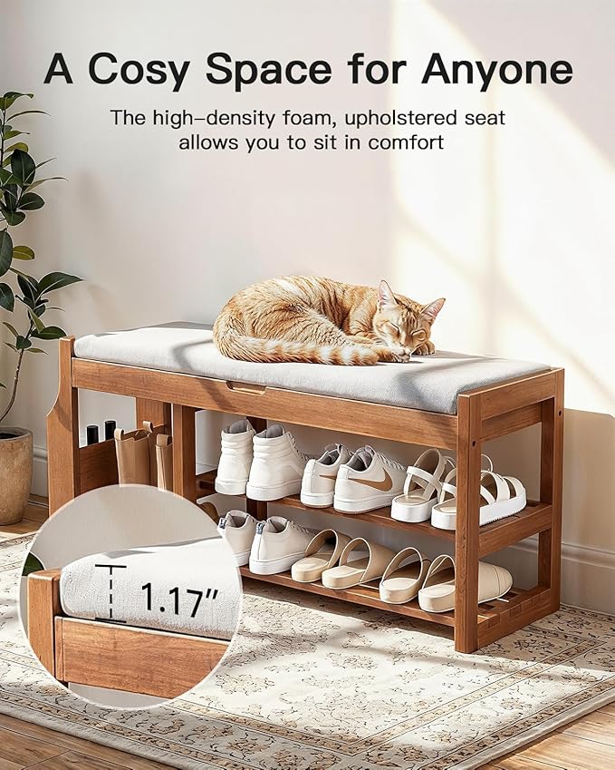 Pipishell 34″ Solid Pine Wood Shoe Rack Bench with Soft Cushion, 2 Tiers Shoe Storage Organizer with Lift-Top Storage and Side Holder, Holds up to 440 lbs, Shoe Bench for Entryway, Hallway, Bedroom