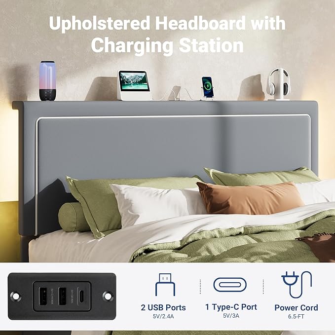 Allewie Full Size Lift Up Storage Bed Frame with Charging Station & LED Lights, Adjustable Velvet Upholstered Storage Headboard, Type-C & USB Ports, Hydraulic Support, No Box Spring Needed, Grey
