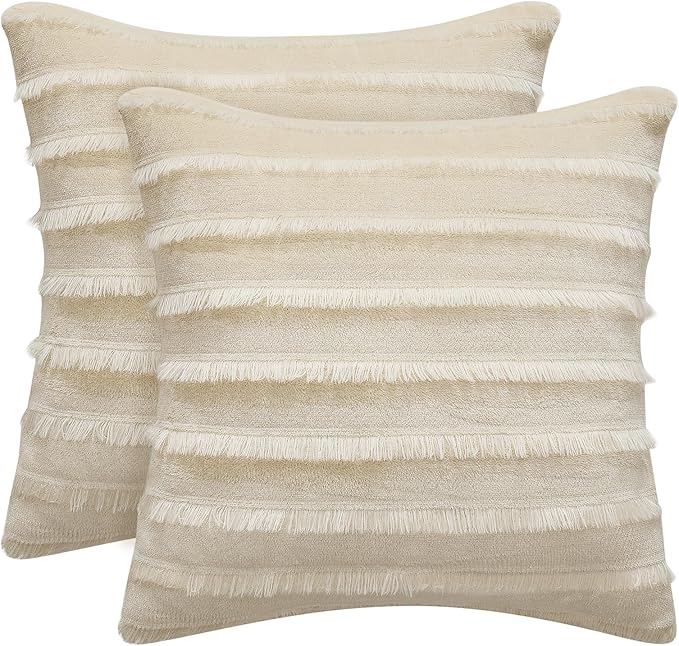 BEDELITE Velvet Pillow Covers 18x18 with Zipper, 2 Pack Super Soft Square Pillow Covers for Bedroom, Sofa, Luxury Cozy Fleece Pillowcases for All Seasons(18x18 Inches, Beige-Boho)