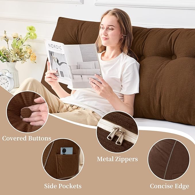 Sasttie Headboard Pillow Twin/Twin XL, Wedge Pillow Headboard for Dorm, Triangular Daybed Backrest Cushion for Sitting or Reading in Bed, with Removable Washable Cover, Brown