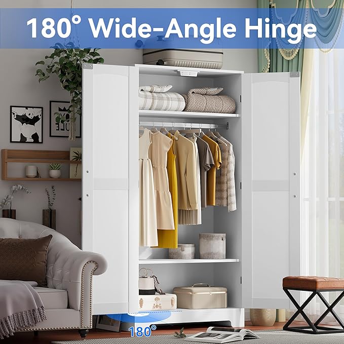 Wooden Armoire Wardrobe Closet, Wardrobe Cabinet with Door and Shelves, Freestanding Bedroom Armoires Clothing Storage Cabinet with Hanging Rod for Bedroom, Laundry Room, Cloak Room（White）