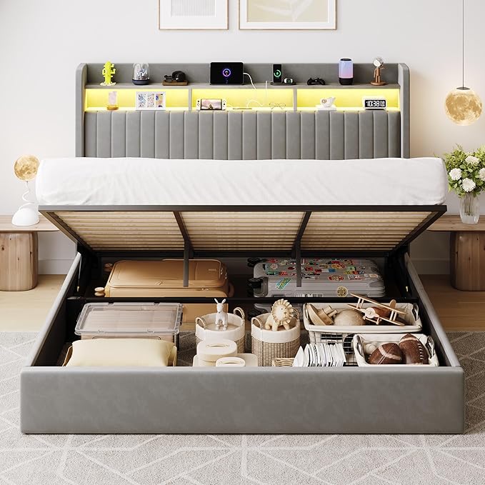 SHA CERLIN King Size Lift Up Storage Bed Frame/LED Lights/Charging Station/2-Tier Shelves Headboard/USB,Type-C Ports/Velvet Upholstered/Hydraulic Support/No Box Spring Needed/Noise Free/Gray