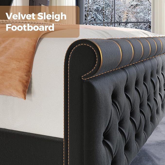 koorlian King Size Bed Frame,Velvet Upholstered Sleigh Bed with Scroll Wingback Headboard & Footboard,Luxury & Soft Button Tufted Modern Bed,Easy Assembly,No Box Spring Needed