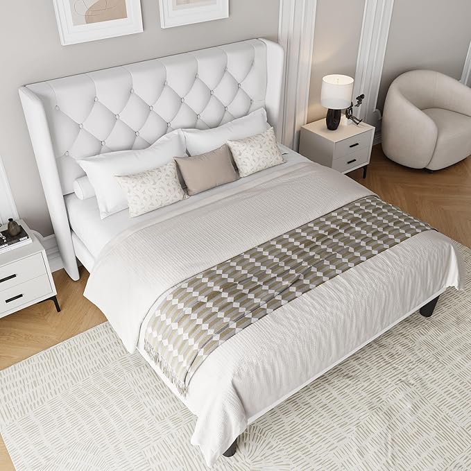 Einhomn Full Size Platform Bed Frame with Velvet Upholstered Wingback Headboard, 11" Under Bed Space, Wooden & Metal Slats Support, No Box Spring Needed, White