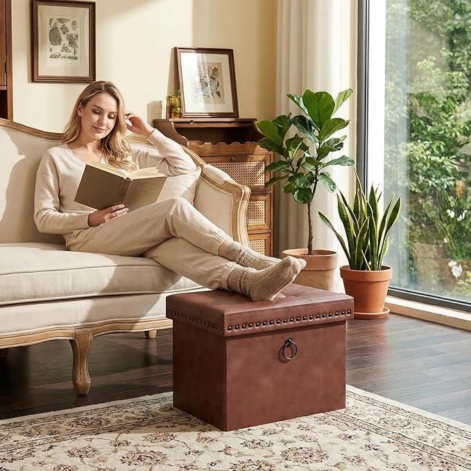 Ottoman Faux Leather Storage Ottoman Bench, Rectangular Storage Ottoman for Bedroom End of Bed, Brown Leather Footrest Ottoman with Toy Blanket Storage 16" D x 12" W x 12" H (Small)