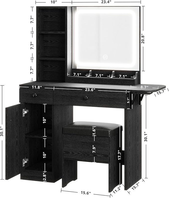 IRONCK Vanity Desk with LED Lighted Mirror & Power Outlet, Makeup Table with Drawers & Cabinet,Storage Stool,for Bedroom, Black
