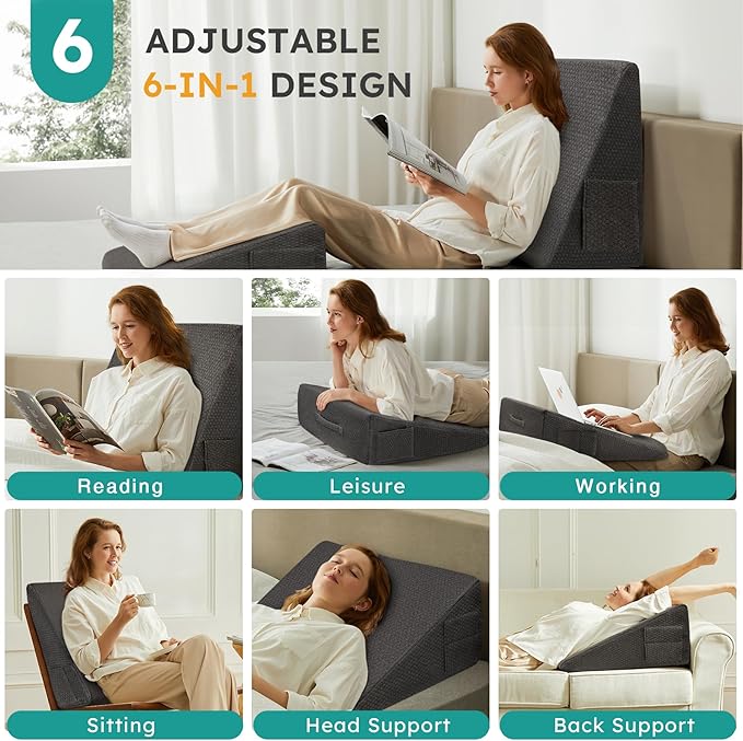Bedluxe Wedge Pillow, 12 inch Bed Wedge Pillow, Elevated Body Pillow for Back Support, Acid Reflux, Leg, Neck Pain, Snoring, Triangle Pillow Wedge - Cooling Memory Foam Top, Dark Grey