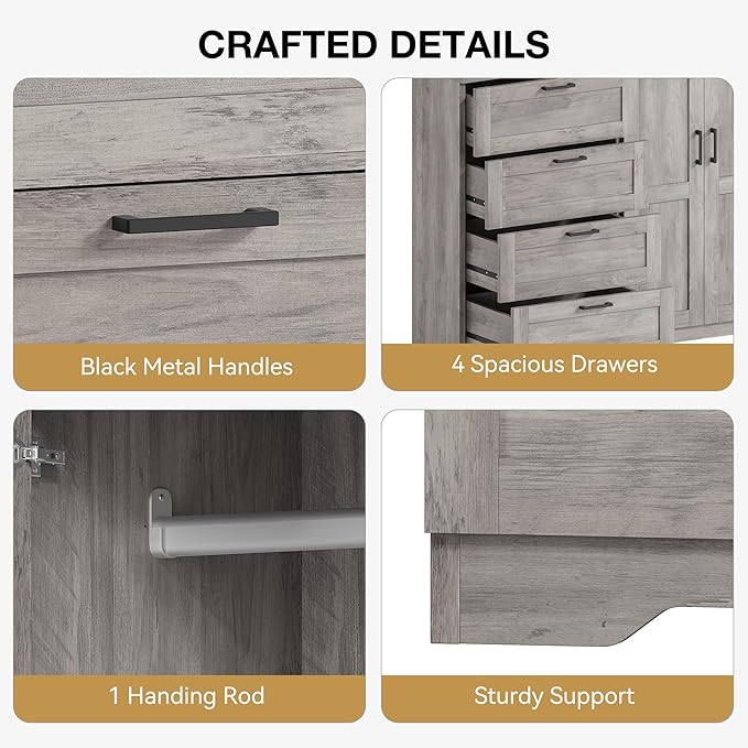 GarveeHome Multifunctional Wooden Dresser for Bedroom, 43.3 in H 2 Door Wardrobe Armoire Closet with 4 Drawers and Hanging Rod, Low Storage Cabinet for Hanging Cloth, Gray
