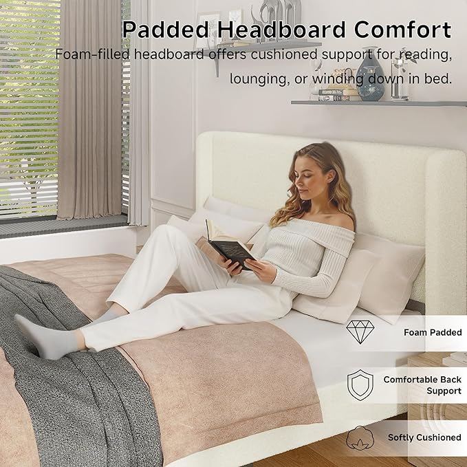 King Boucle Upholstered Platform Bed Frame with Adjustable Wingback Headboard, Cloud Bed with Solid Wood Legs, No Box Spring Needed, Easy Assembly, Beige