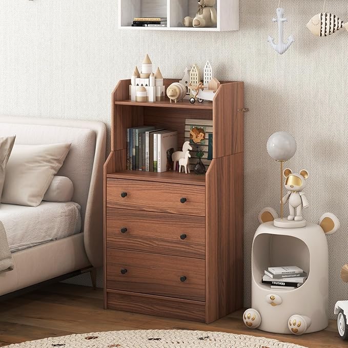 Tall 3 Drawers Dresser, Wood Chest of Drawers with 2 Open Shelves, Modern Nightstand with Anti-Toppling Device, Home Storage Cabinet Dresser Closet for Bedroom, Living Room, Entryway (Walnut)