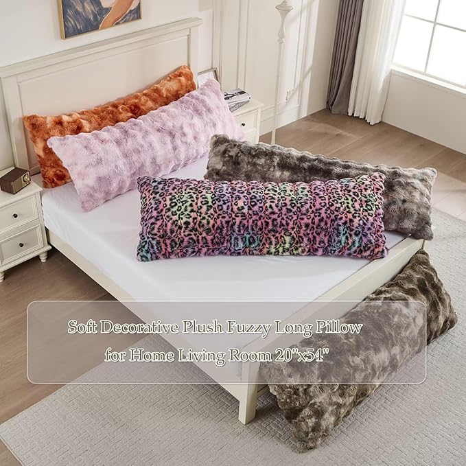 Luxury Shaggy Faux Fur Body Pillow,Fluffy Bed Pillow with Zipper Closure,Soft Decorative Plush Full Long Pillows,Fuzzy Hug Pillow for Living Room Side Sleeper & Pregnancy 20"x54" Tie-dye Gray