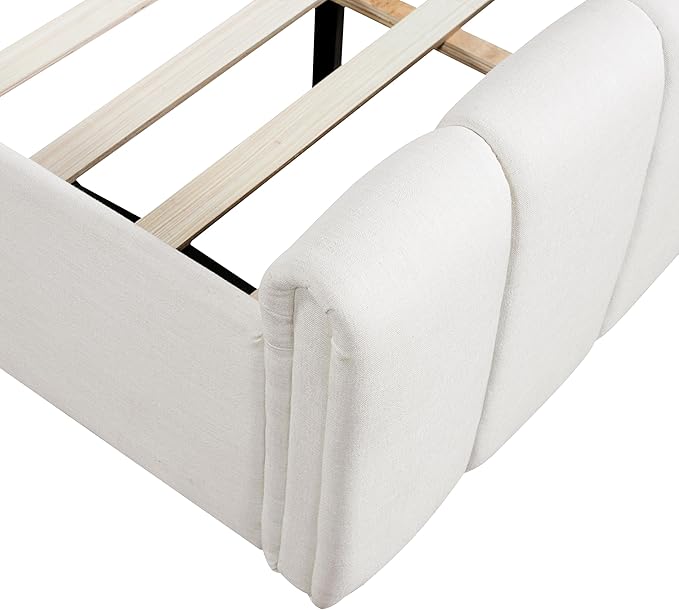 Merax King Size Upholstered Platform Bed with Thick Headboard and Footboard, Block Style Linen Fabric Bed Frame with Solid Wood Legs, Beige