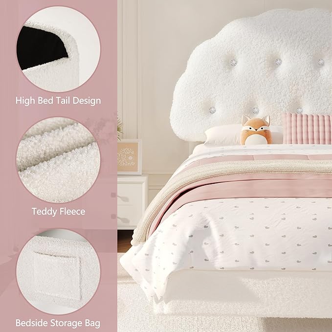 Cookie Twin Upholstered Bed Frame with LED Lights, Floating Bed Frames with Adjustable Headboard and Raised Footboard for Princess/Prince Bedroom, Teddy Velvet（White） | Cookie Bed Frame