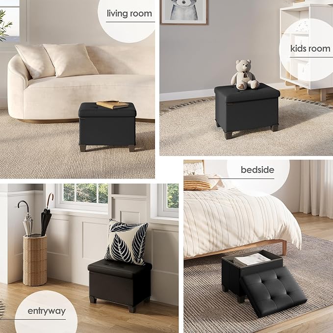 Storage Ottoman Cube with Small Bin, 16-in Square Ottoman with Storage for Living Room and Bedroom, Small Ottomans Foot Rest, Leather Foot Stools Ottomans Max 330lbs, Black