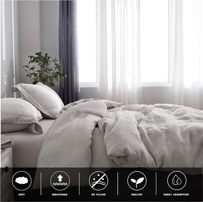 Simple&Opulence 100% Linen Duvet Cover Set 3pcs Basic Style Natural French Washed Flax Solid Color Soft Breathable Farmhouse Bedding with Button Closure - Linen, California King