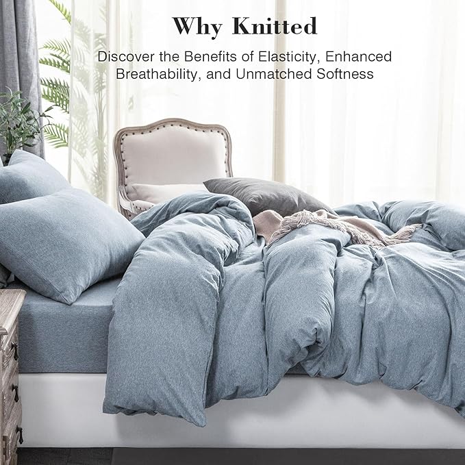 PURE ERA Jersey Knit Duvet Cover Set 100% T-Shirt Cotton Super Soft Comfy 3pc Bedding Set with Zipper Closure (Heather Blueish Grey, King)