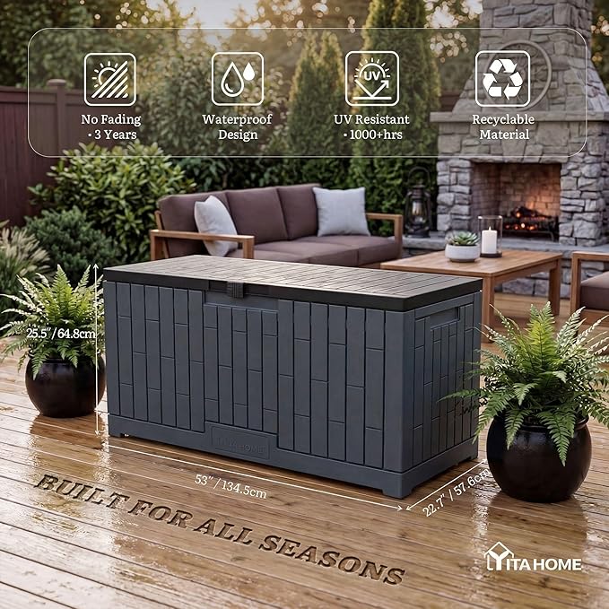 YITAHOME 120 Gallon Outdoor Storage Deck Box, Large Resin Patio Storage for Outdoor Pillows, Garden Tools and Pool Supplies, Waterproof, Lockable, (Dark Grey)