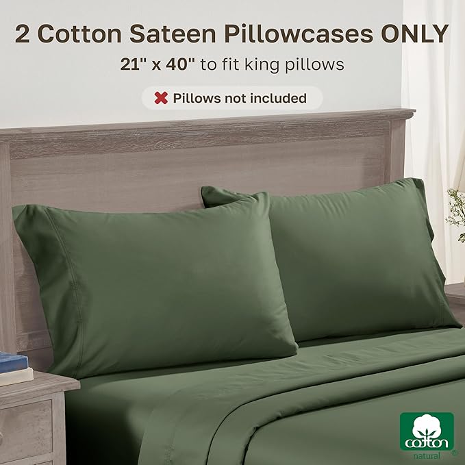California Design Den King Size Pillowcase Set of 2 - Luxuriously Soft Premium 600 Thread Count, 100% Cotton Pillow Case Covers, Crisp Sateen, Fits King Pillows - Dark Olive Green