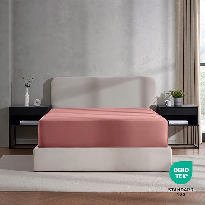 Nestl Pink Clay Extra Deep Pocket Twin Fitted Sheet Kids, Luxury Twin Size Fitted Sheet Only Easily Fits 18 to 24 Inch Mattress, Super Soft, Wrinkle-Free, and Breathable Bed Sheets with Corner Straps