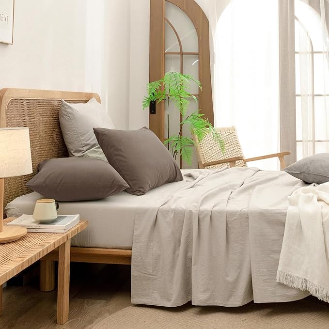 BESTOUCH 100% Washed Cotton Pillowcase for Hair and Skin Linen Feel Soft Comfortable Breathable 2 Set Pillow Case with Envelope Closure Solid Pine Bark Brown Queen 20x30 Inches