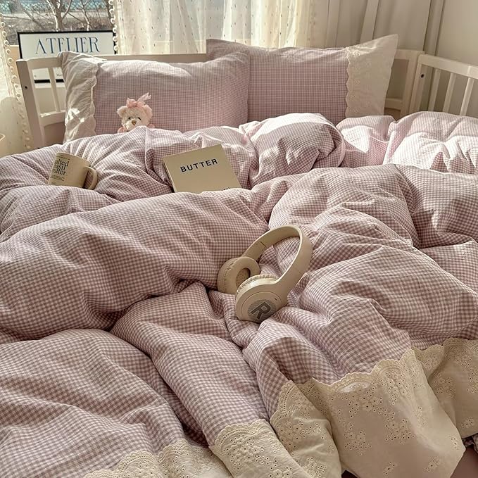 mixinni Purple White Gingham Duvet Cover Twin XL Size - 3 Piece Cottagecore Plaid Bedding Set with Lace Trim, Soft Washed Microfiber Vintage Aesthetic Grid Comforter Cover & Pillow Shams