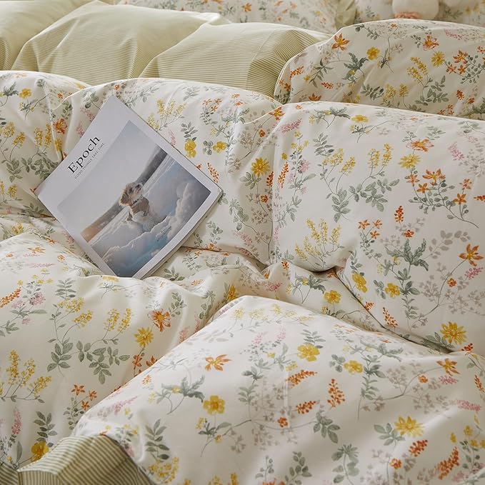 mixinni 100% Cotton Duvet Cover Set Twin XL, Reversible Spring Floral Ruffle Green Striped Bedding for Girls, French Country Cottagecore Aesthetic 3PC Duvet Cover with Zipper Closure & Pillowcases