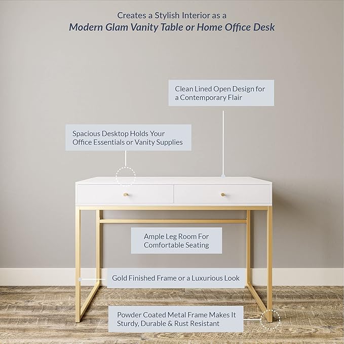 BELLEZE Modern 42 Inch Makeup Vanity Dressing Table or Home Office Computer Laptop Writing Desk with Two Storage Drawers, Wood Top, and Gold Metal Frame - Bronte (White)