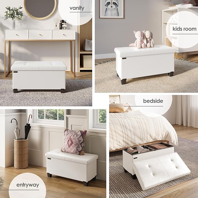 Storage Ottoman Bench with Bins, 30-in Storage Bench for Bedroom End of Bed, Folding Foot Rest Ottoman for Living Room Max 660lbs, Faux Leather Ottomans, Cream