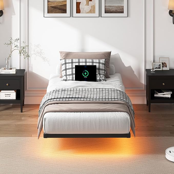 YORMDMO Floating Bed Frame Twin Size, Heavy Duty Bedframe with Smart LED Lights & Charging Station, Modern Metal Platform Bed, Easy Assembly No Box Spring Needed, 10 Inch