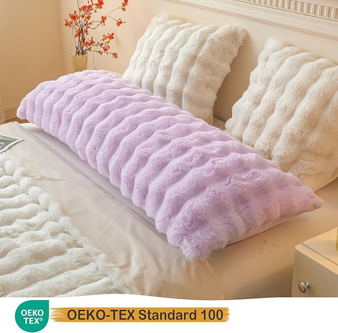 LIFEREVO Fluffy Faux Rabbit Fur Body Pillow Cover, Cozy Light Purple Bubble Shaggy Plush Bed Body Pillowcase with Zipper, Long 20"x54" Fuzzy Furry Pillow Case for Bedroom Home Decoration, Lavender