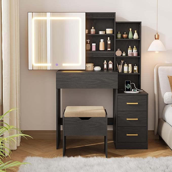 IDEALHOUSE Vanity Desk with Mirror and Lights, Vanity Table and Chair Set with 4 Drawers and Charging Station, Dresser LED Sliding Mirror with 3 Color Modes Adjustable Storage Shelves, Black