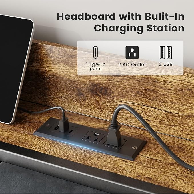 King Size Bed Frame with Charging Station, Storage Headboard with Smart LED Lights, Metal Platform Bed Frame with USB Ports, Noise Free, No Box Spring Needed, Easy Assembly