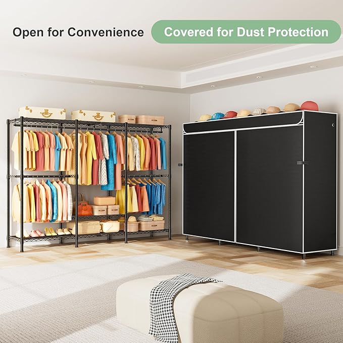SEMHOR K01C Heavy Duty Clothes Rack with Cover, Freestanding Portable Closet System with Shelves, Adjustable Carbon Steel Garment Rack, Black Clothing Racks for Hanging Clothes, 860LBS Max Load