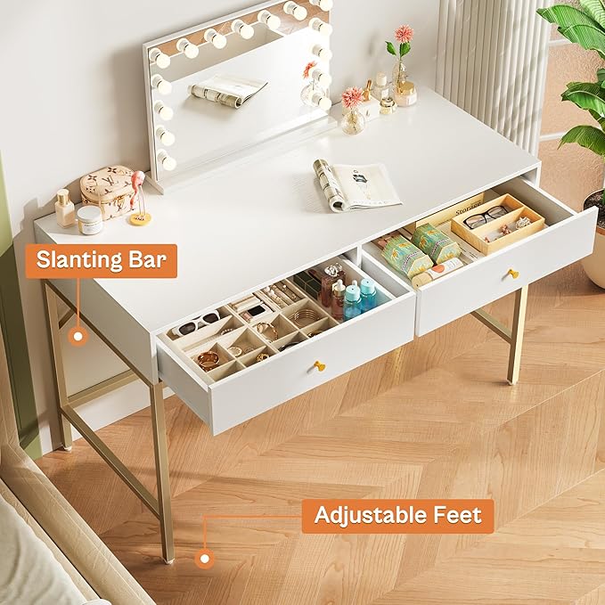 SUPERJARE Vanity Desk with Drawers, 47 inch Computer Desk, Modern Simple Home Office Desks, Makeup Dressing Table for Bedroom - White and Gold