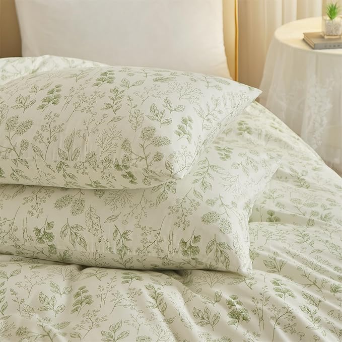 mixinni Girls Boho Green Floral Duvet Cover Set Twin Size Cotton Soft Aesthetic Cute Flowers Leaves Pattern Bedding Comforter Cover, 1 Queen Duvet Cover with 2 Pillowcases for All Seasons