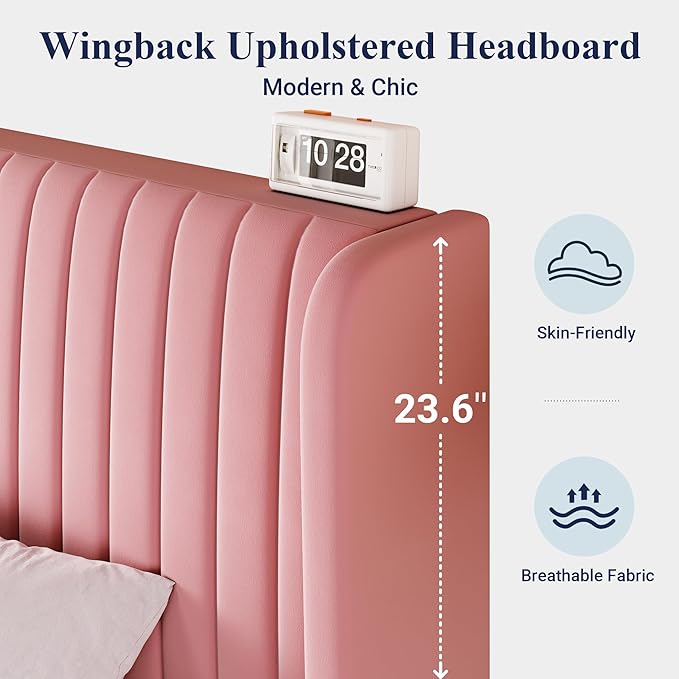 Allewie King Size Velvet Bed Frame/Vertical Channel Tufted Wingback Headboard/Upholstered Platform Bed/Strong Wooden Slats/No Box Spring Needed/Easy Assembly/Pink